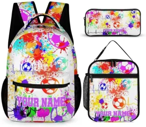 Custom Soccer Backpack with Lunch Box & Pencil Case, 16 Inch Cool Soccer Themed Bookbag, Adjustable Lightweight Large Capacity, Colorful Soccer Backpack Set for Kids Girls Boys School