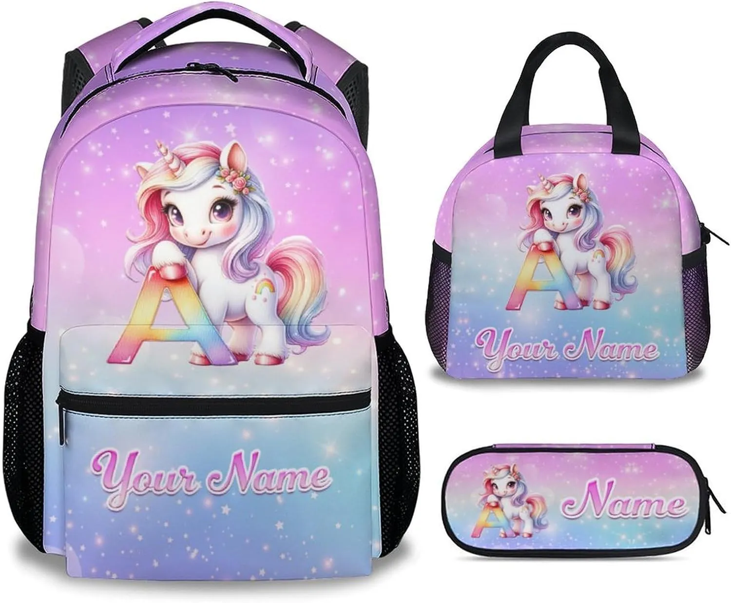 Custom Unicorn Backpack with Lunch Box and Pencil Case Set, 3PCS Matching Kids Backpacks Combo, Colorful Cute Bookbag and Pencil Case Bundle