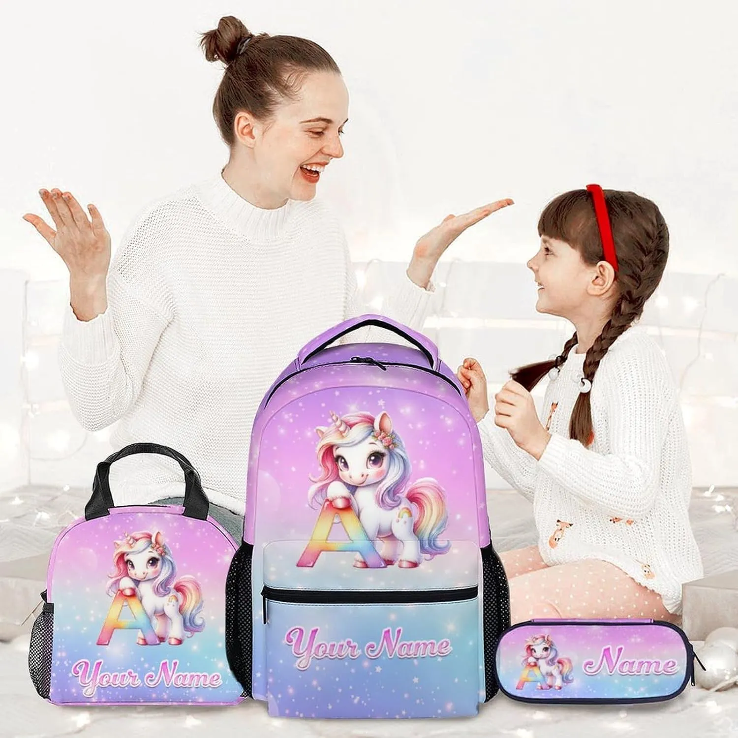 Custom Unicorn Backpack with Lunch Box and Pencil Case Set, 3PCS Matching Kids Backpacks Combo, Colorful Cute Bookbag and Pencil Case Bundle
