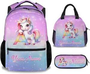Custom Unicorn Backpack with Lunch Box and Pencil Case Set, 3PCS Matching Kids Backpacks Combo, Colorful Cute Bookbag and Pencil Case Bundle
