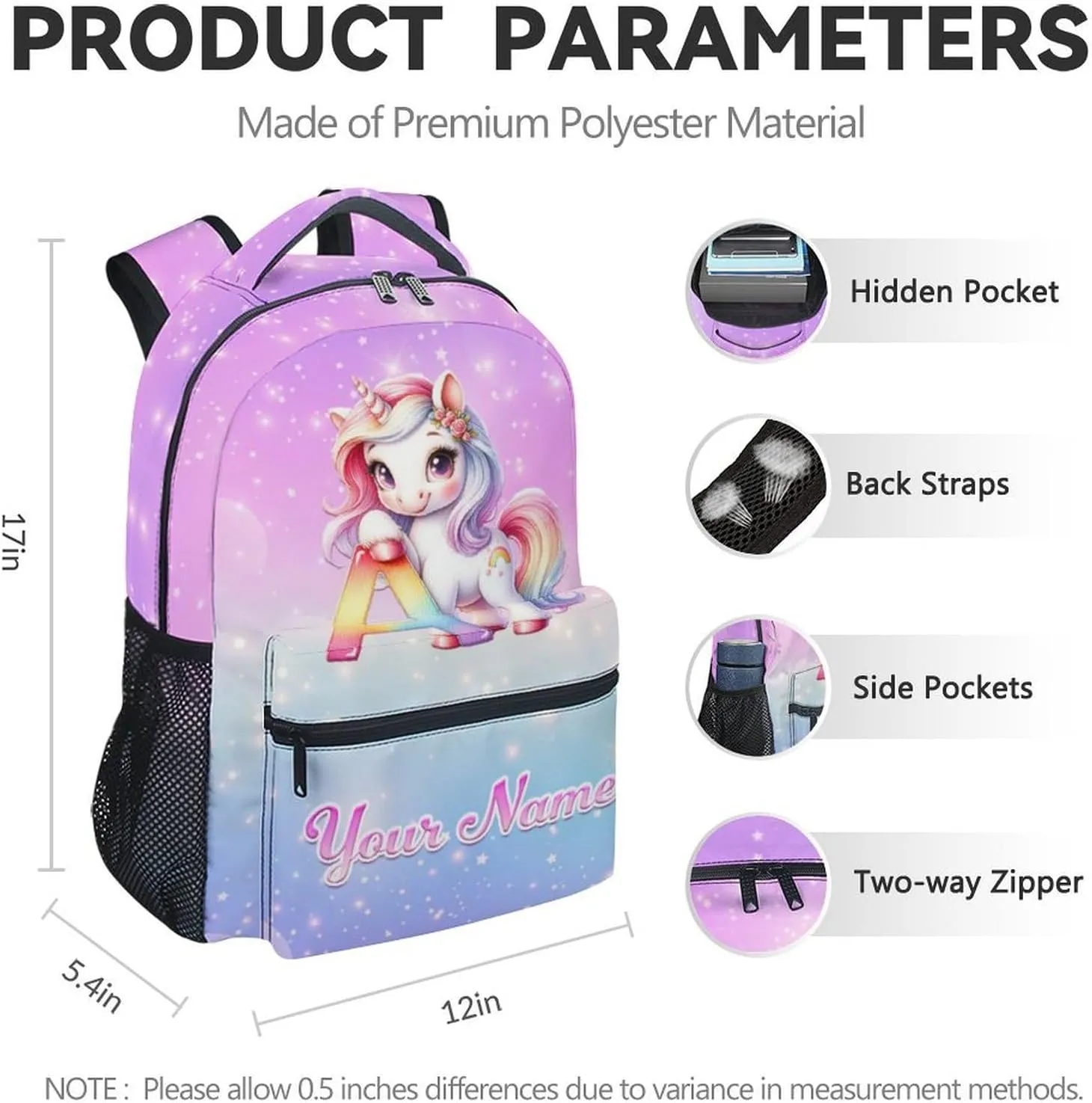 Custom Unicorn Backpack with Lunch Box and Pencil Case Set, 3PCS Matching Kids Backpacks Combo, Colorful Cute Bookbag and Pencil Case Bundle