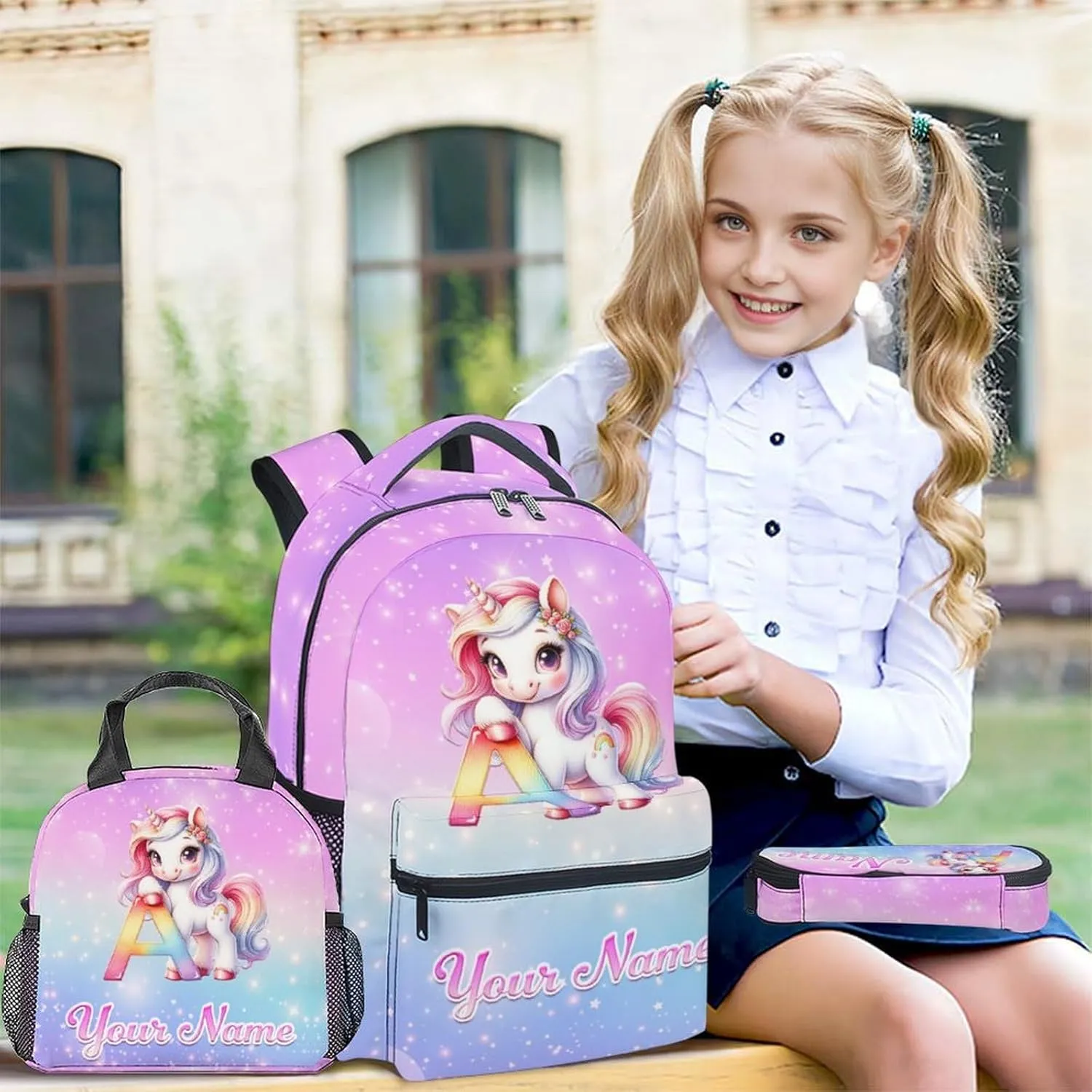 Custom Unicorn Backpack with Lunch Box and Pencil Case Set, 3PCS Matching Kids Backpacks Combo, Colorful Cute Bookbag and Pencil Case Bundle