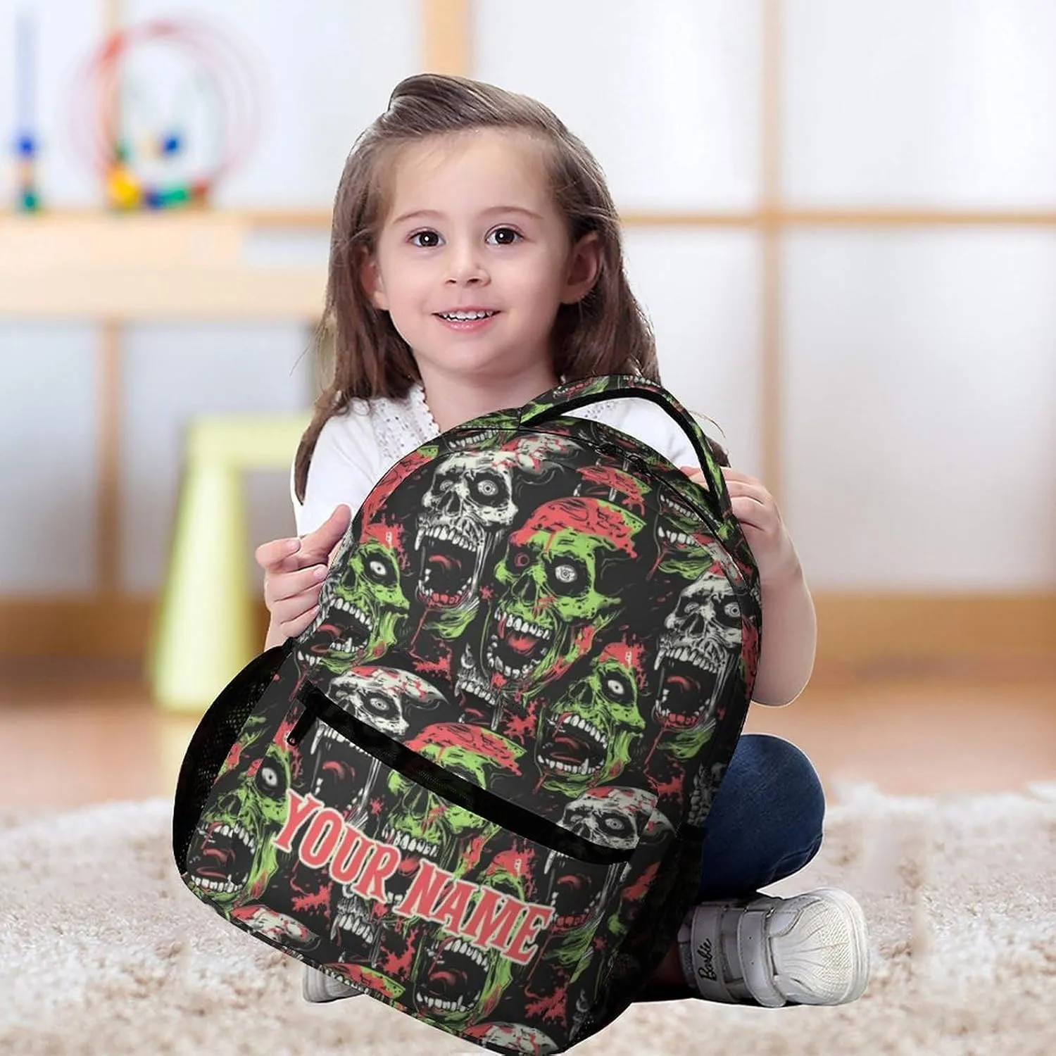 Custom Zombie Backpack for Kids Girls Boys School, 16 Inches Scary Zombies Theme Bookbag, Adjustable, Lightweight, Large Capacity, Colorful Haunted Horror Backpack