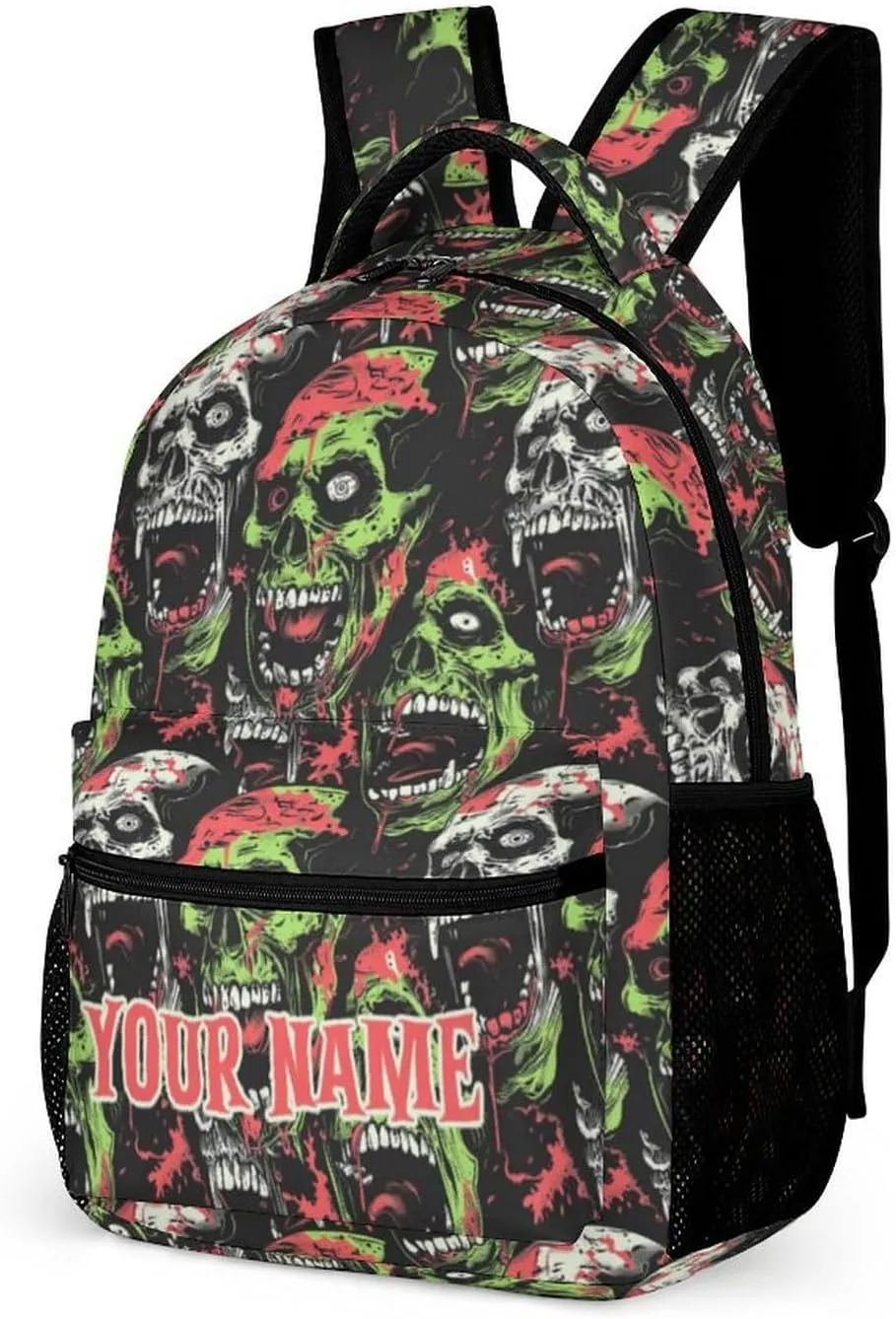 Custom Zombie Backpack for Kids Girls Boys School, 16 Inches Scary Zombies Theme Bookbag, Adjustable, Lightweight, Large Capacity, Colorful Haunted Horror Backpack