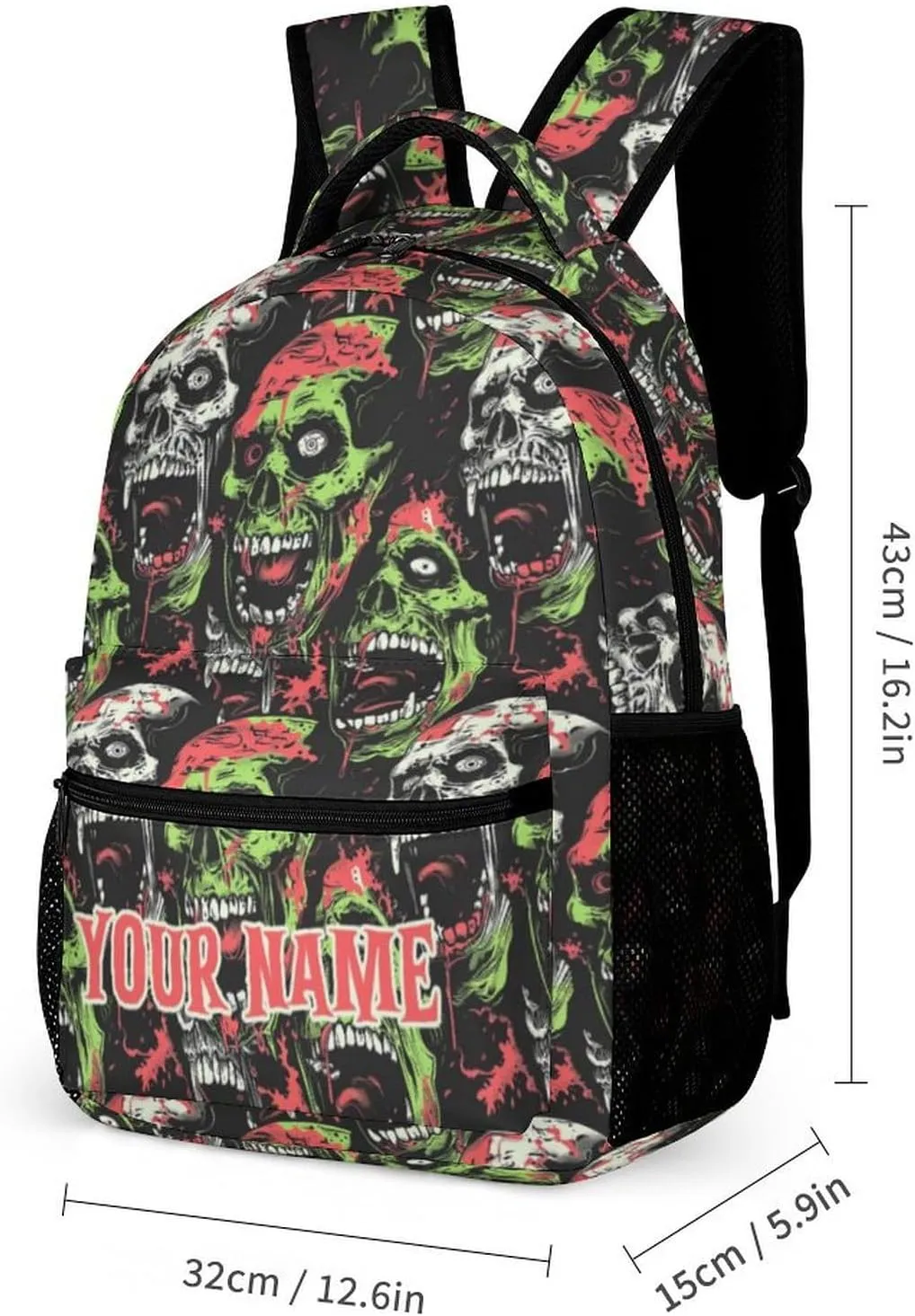 Custom Zombie Backpack for Kids Girls Boys School, 16 Inches Scary Zombies Theme Bookbag, Adjustable, Lightweight, Large Capacity, Colorful Haunted Horror Backpack