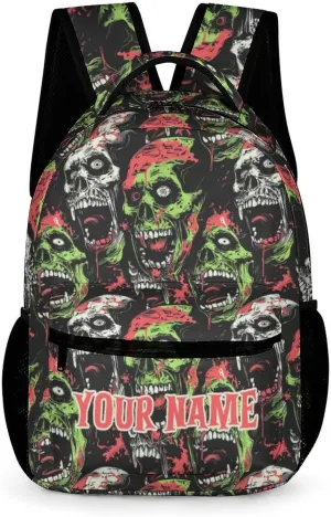 Custom Zombie Backpack for Kids Girls Boys School, 16 Inches Scary Zombies Theme Bookbag, Adjustable, Lightweight, Large Capacity, Colorful Haunted Horror Backpack