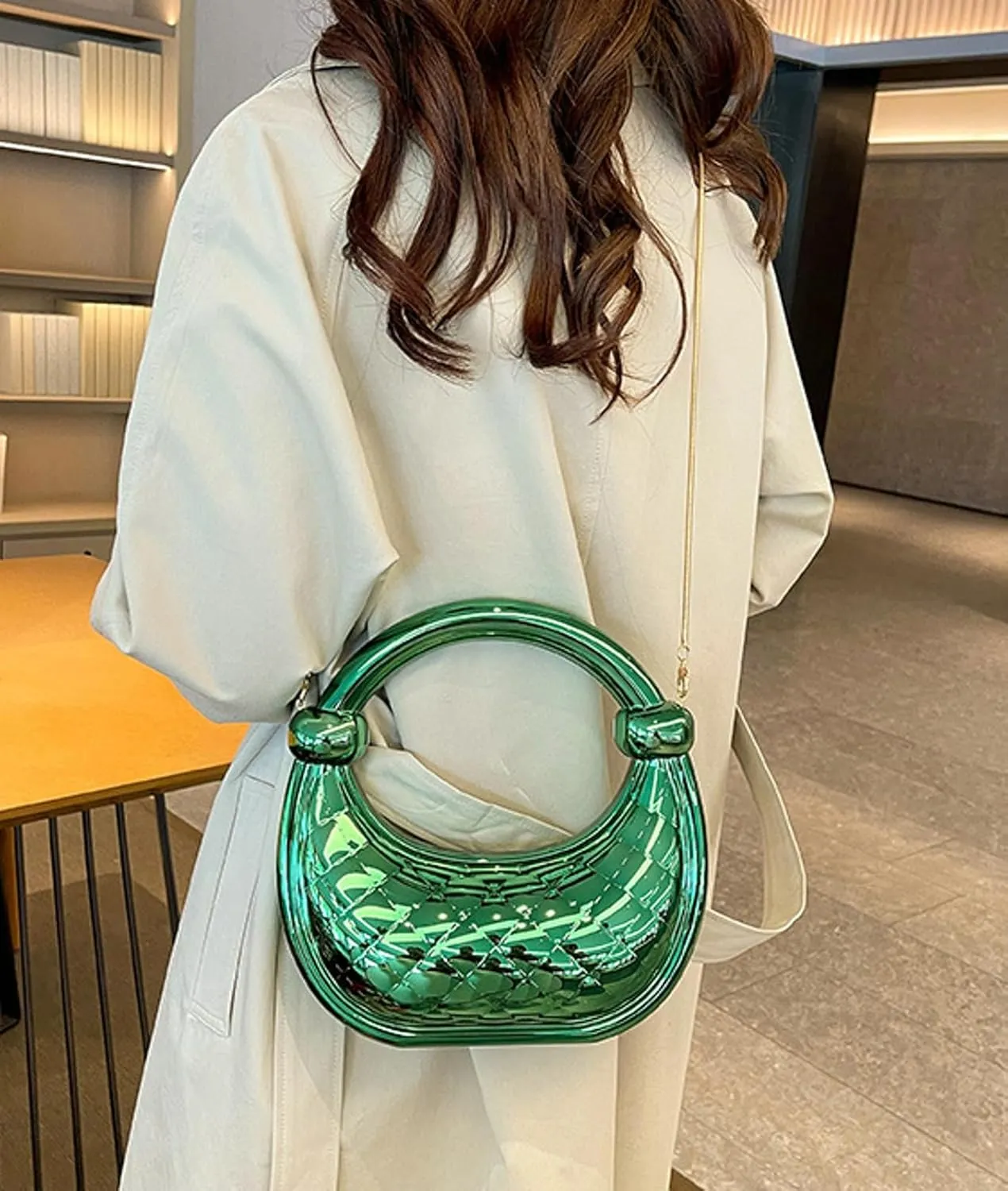 Cute Acrylic Color Block Crescent Handbag Small Unique Purse Metallic Plaid Evening Purse Home Decor Party Cocktail