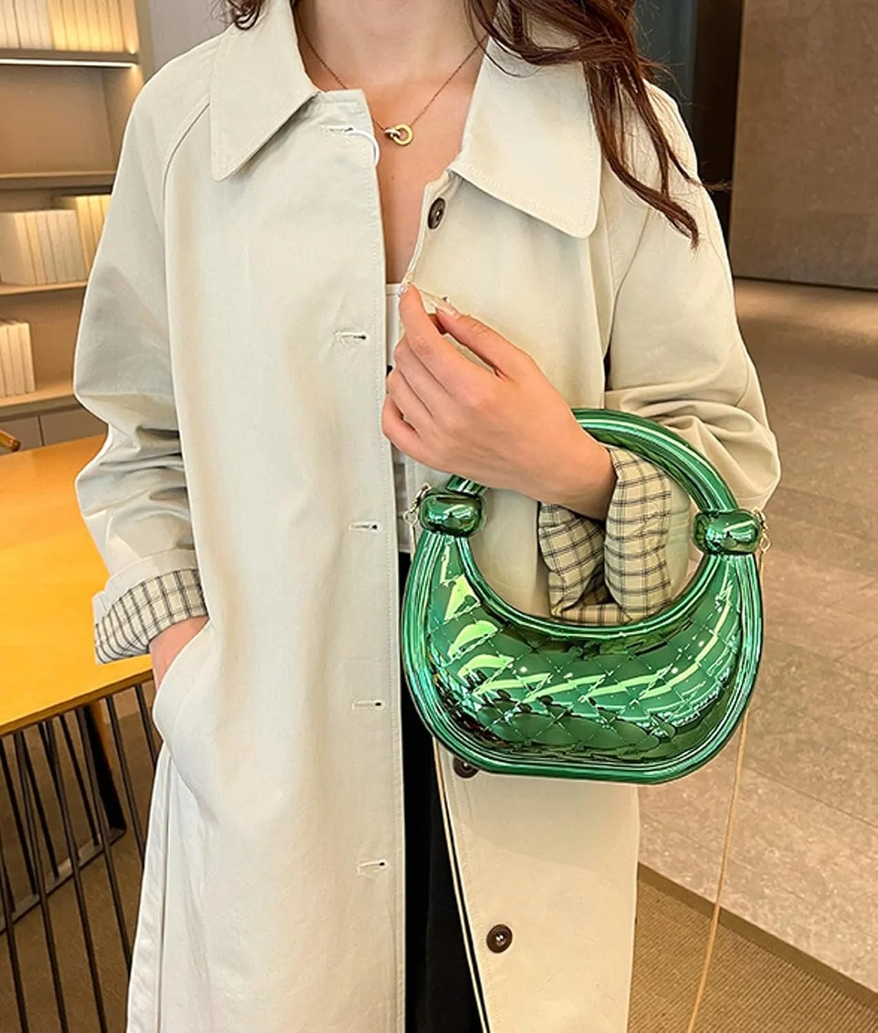 Cute Acrylic Color Block Crescent Handbag Small Unique Purse Metallic Plaid Evening Purse Home Decor Party Cocktail