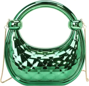 Cute Acrylic Color Block Crescent Handbag Small Unique Purse Metallic Plaid Evening Purse Home Decor Party Cocktail