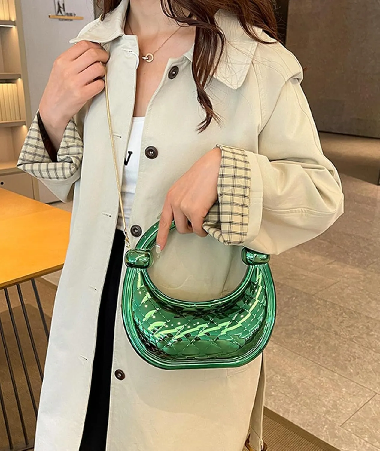 Cute Acrylic Color Block Crescent Handbag Small Unique Purse Metallic Plaid Evening Purse Home Decor Party Cocktail