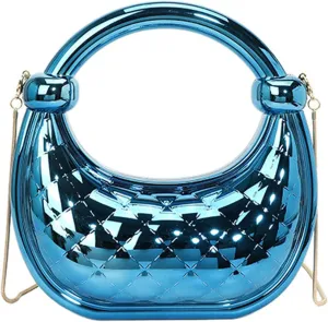 Cute Acrylic Color Block Crescent Handbag Small Unique Purse Metallic Plaid Evening Purse Home Decor Party Cocktail