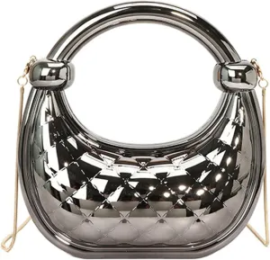 Cute Acrylic Color Block Crescent Handbag Small Unique Purse Metallic Plaid Evening Purse Home Decor Party Cocktail