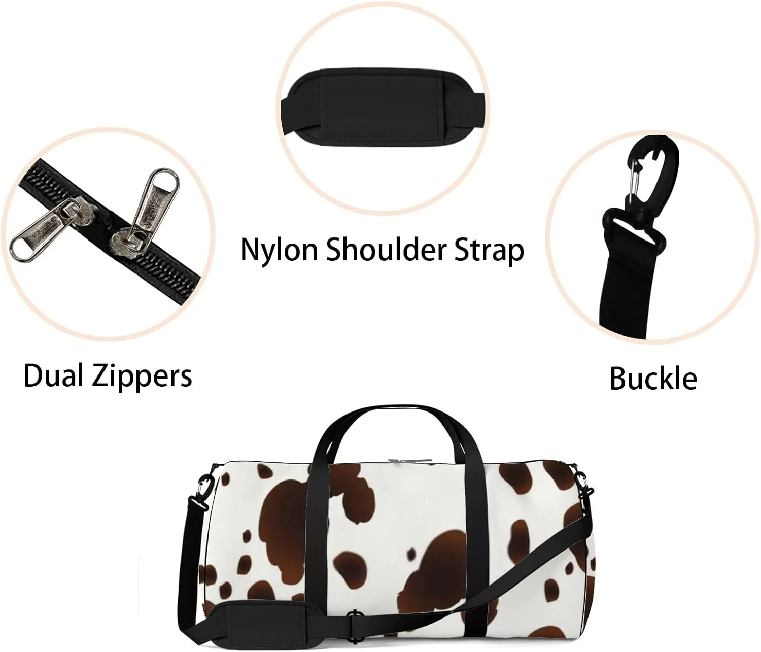 Cute Brown and White Animal Print Sports Bag Tote Bag Waterproof Gym Bag with Shoulder Strap Zipper 2 Side Pockets for Men and Women, Travel and Storage Shoulder Bag.