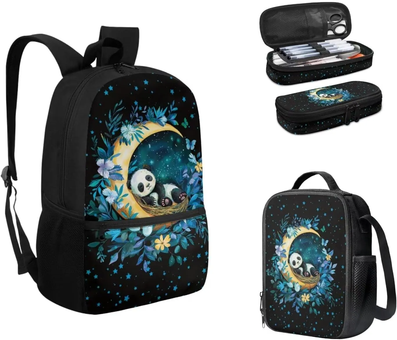 Cute Cartoon Panda Backpack 3 Pack Set Kids Primary School Backpack Large Capacity Bookbags with Lunch Bag Pencil Case Back to School Backpack Set