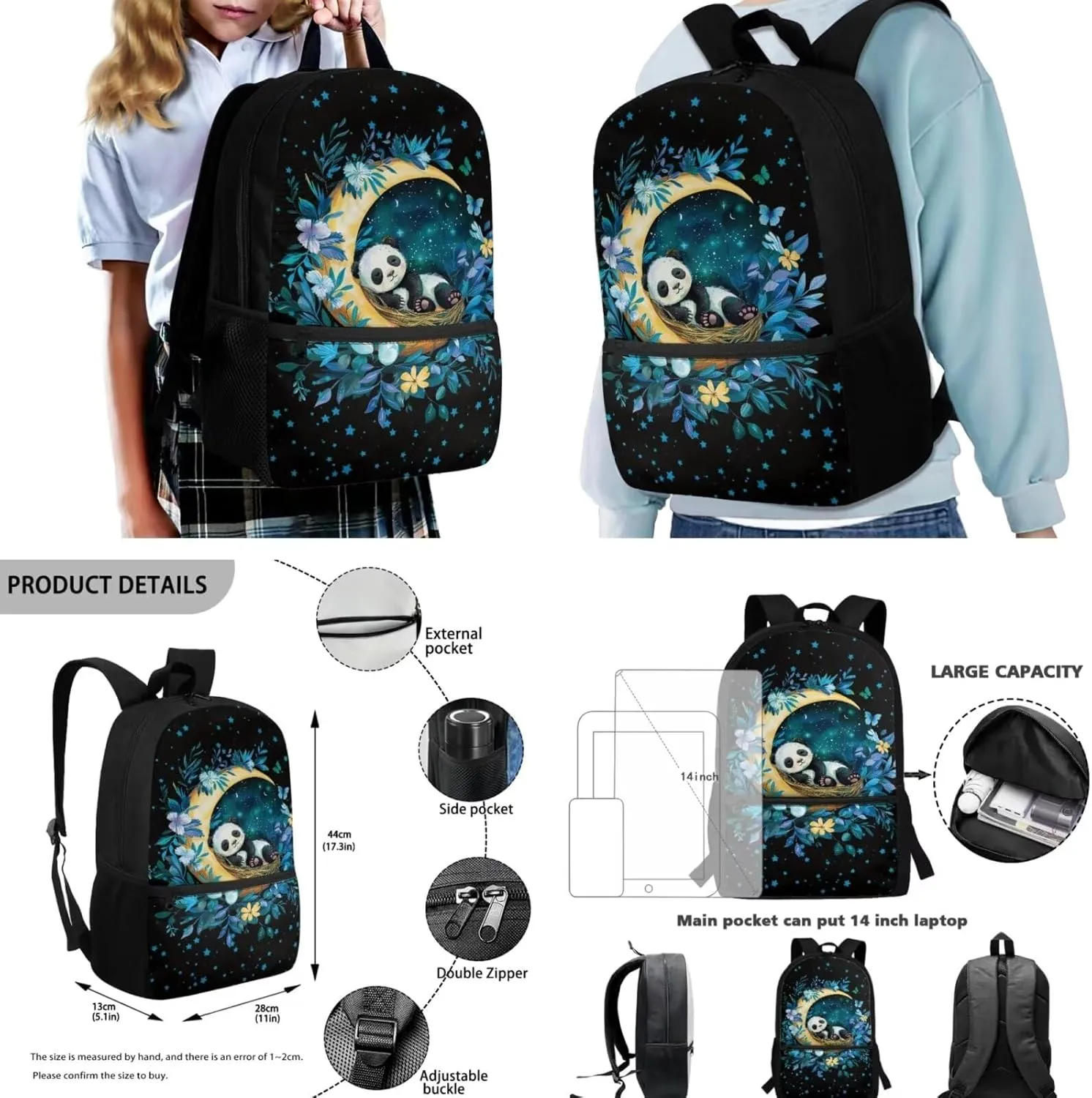 Cute Cartoon Panda Backpack 3 Pack Set Kids Primary School Backpack Large Capacity Bookbags with Lunch Bag Pencil Case Back to School Backpack Set