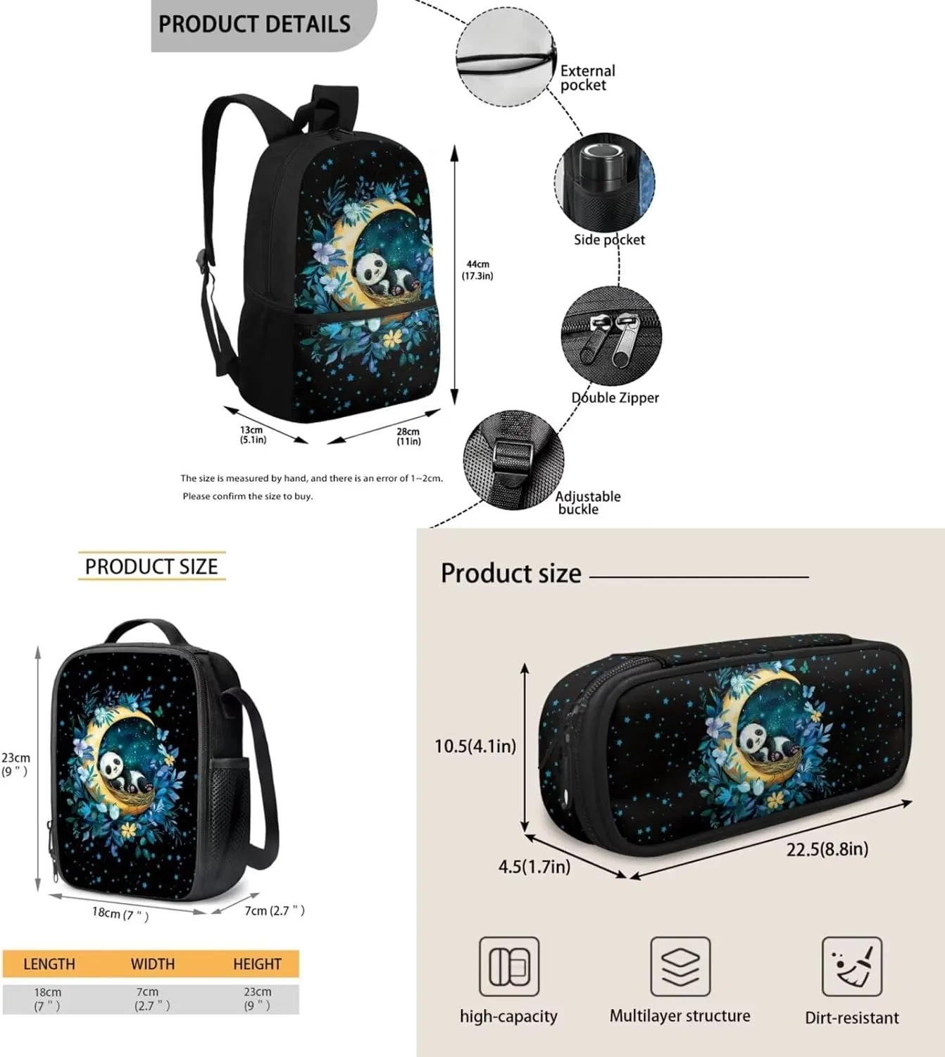 Cute Cartoon Panda Backpack 3 Pack Set Kids Primary School Backpack Large Capacity Bookbags with Lunch Bag Pencil Case Back to School Backpack Set