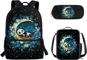 Cute Cartoon Panda Backpack 3 Pack Set Kids Primary School Backpack Large Capacity Bookbags with Lunch Bag Pencil Case Back to School Backpack Set