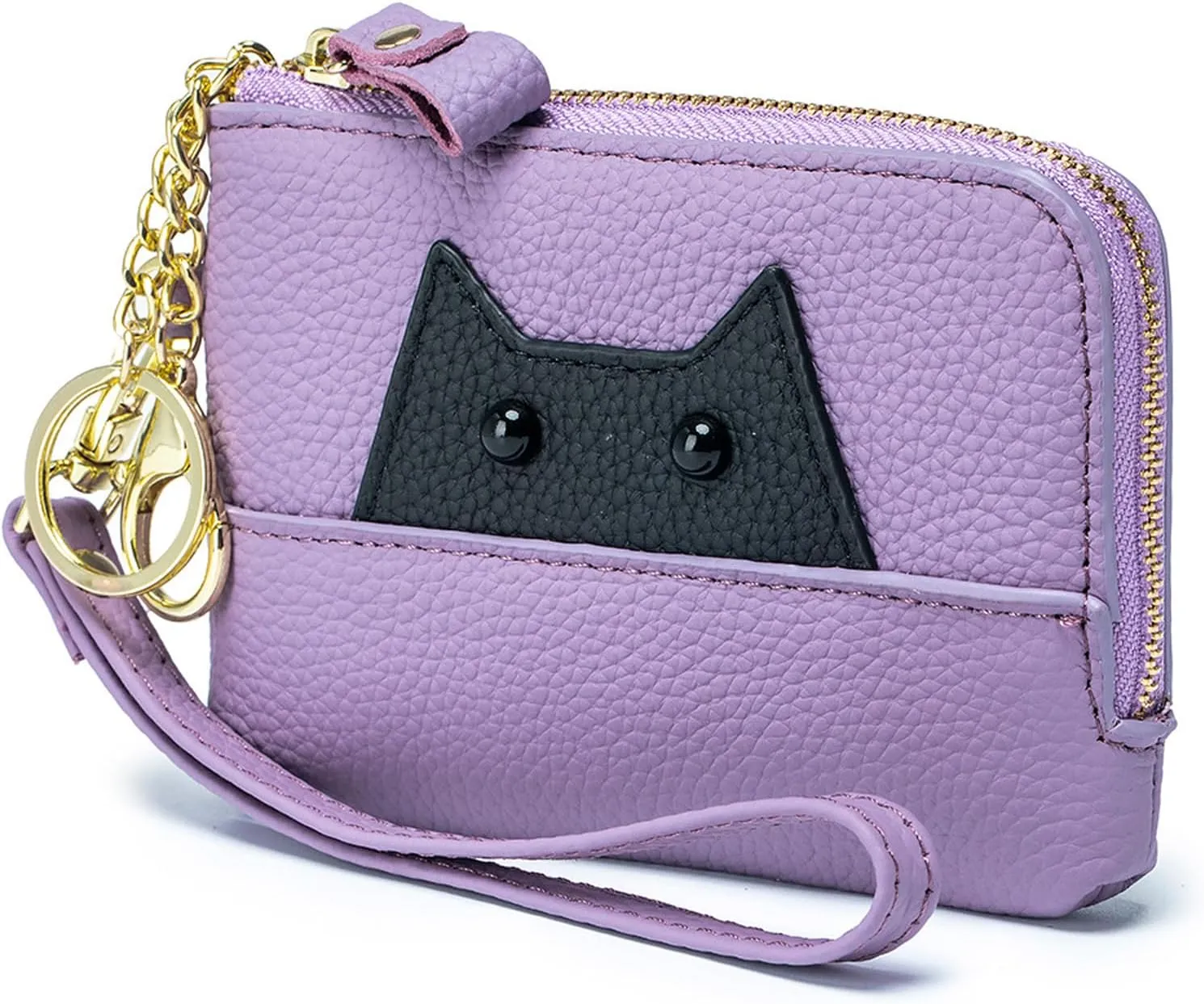 Cute Cat Small Coin Purse Zipper Wristlet Purses for Women Minimalist Change Purse With Keychain Compact Leather Wallet for Credit Card Cosmetic Jewelry (Purple)