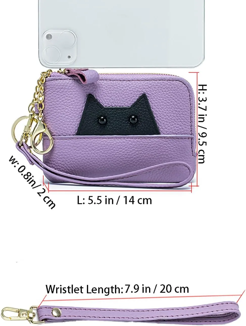Cute Cat Small Coin Purse Zipper Wristlet Purses for Women Minimalist Change Purse With Keychain Compact Leather Wallet for Credit Card Cosmetic Jewelry (Purple)