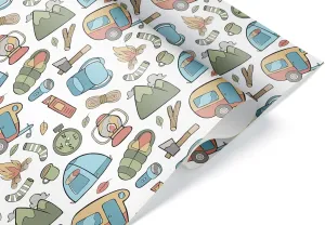 Cute Kawaii Camping Gear Wrapping Paper Premium Father's Day Gift Wrap Camp Birthday Theme Birthday Party Decoration Tent Decor (12 foot x 30 inch roll)