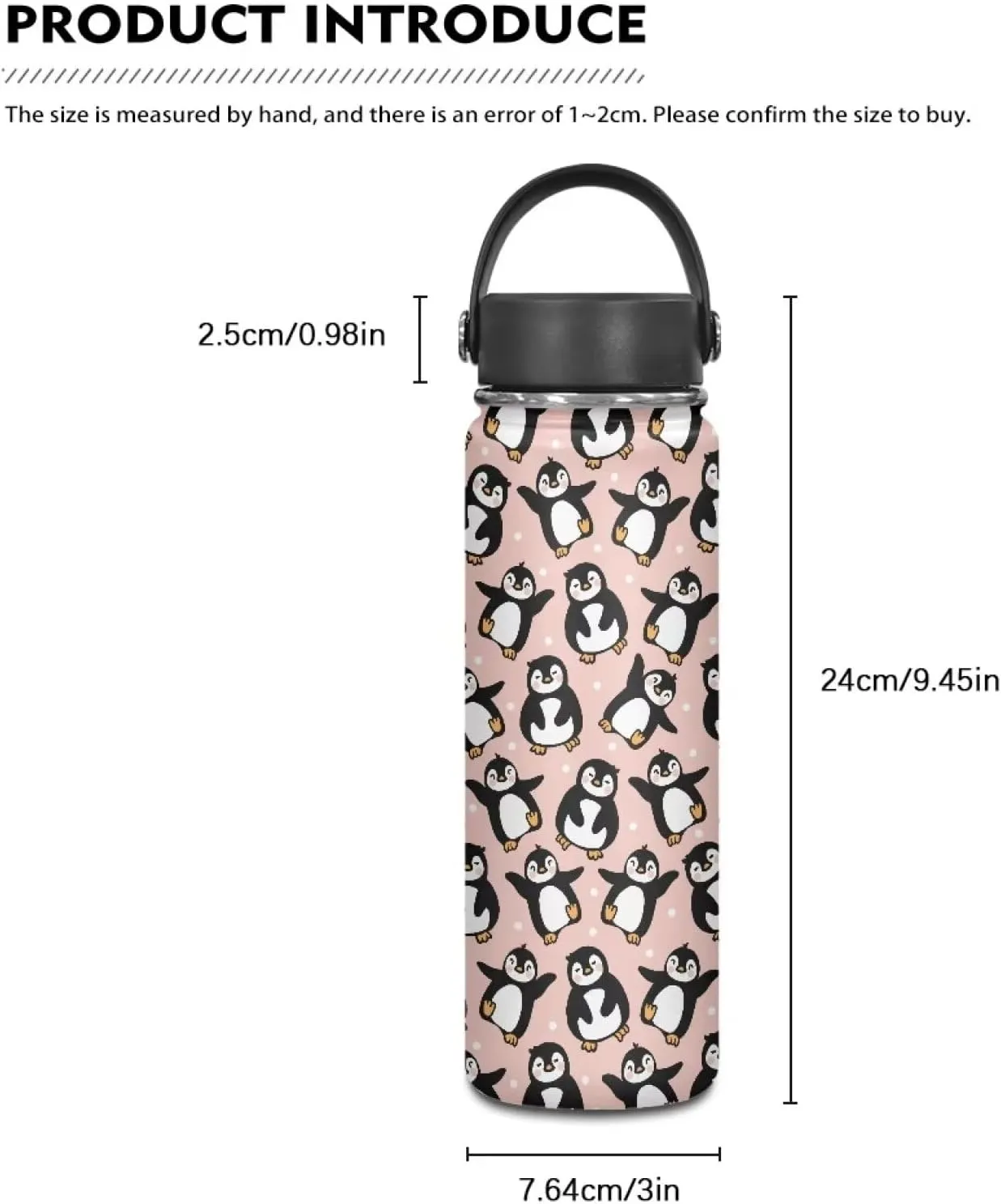 Cute Penguin Sports Water Bottles 18 OZ Insulated Stainless Steel Water Bottle With Lid Travel Mug Metal Vacuum Flask Jug for Kids Wide Mouth Water Cup for School Gym Fitness