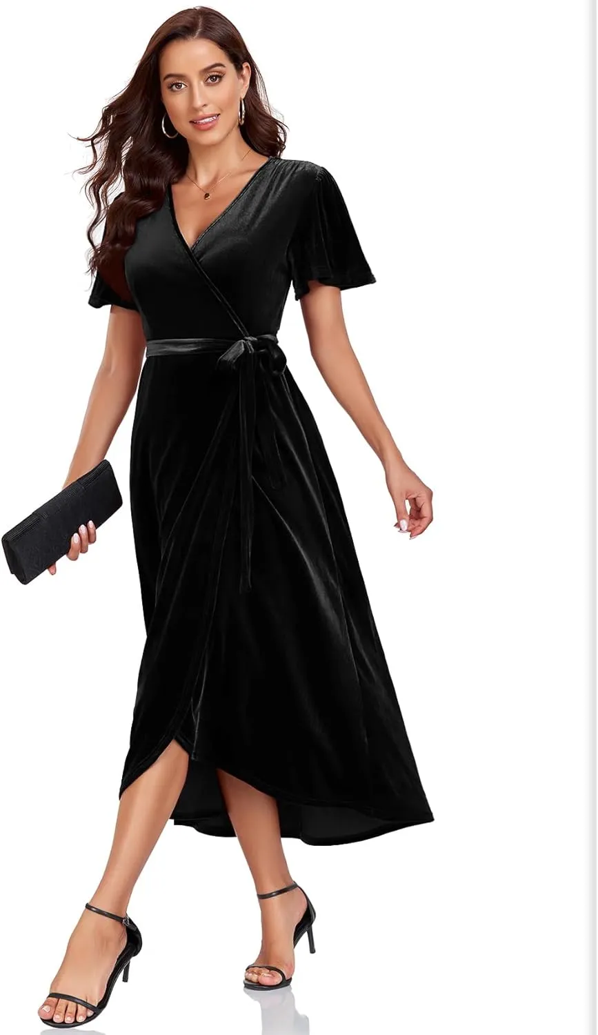 CYCLAMEN 2023 Velvet Wrap Dress V Neck Ruffle Sleeves Long Maxi Elegant Party Wedding Guest Cocktail Dress