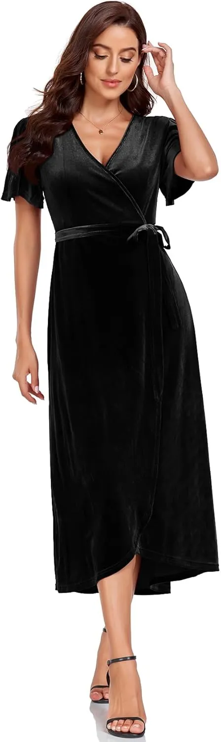 CYCLAMEN 2023 Velvet Wrap Dress V Neck Ruffle Sleeves Long Maxi Elegant Party Wedding Guest Cocktail Dress