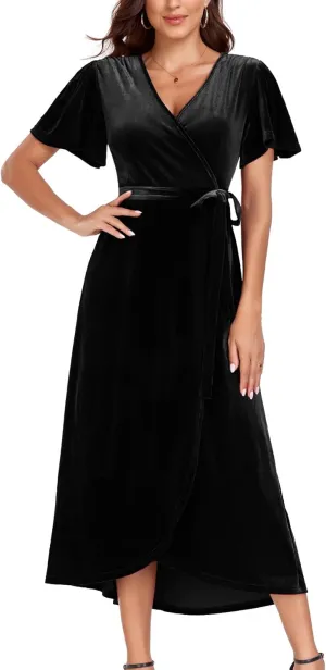 CYCLAMEN 2023 Velvet Wrap Dress V Neck Ruffle Sleeves Long Maxi Elegant Party Wedding Guest Cocktail Dress
