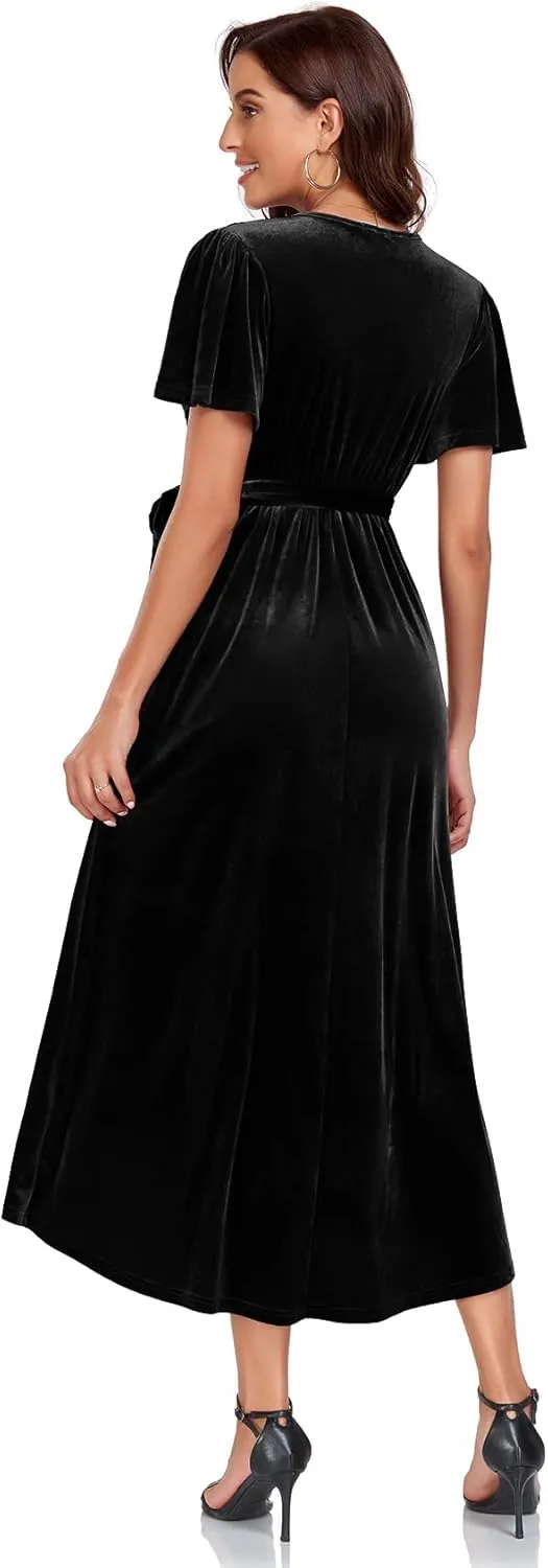 CYCLAMEN 2023 Velvet Wrap Dress V Neck Ruffle Sleeves Long Maxi Elegant Party Wedding Guest Cocktail Dress