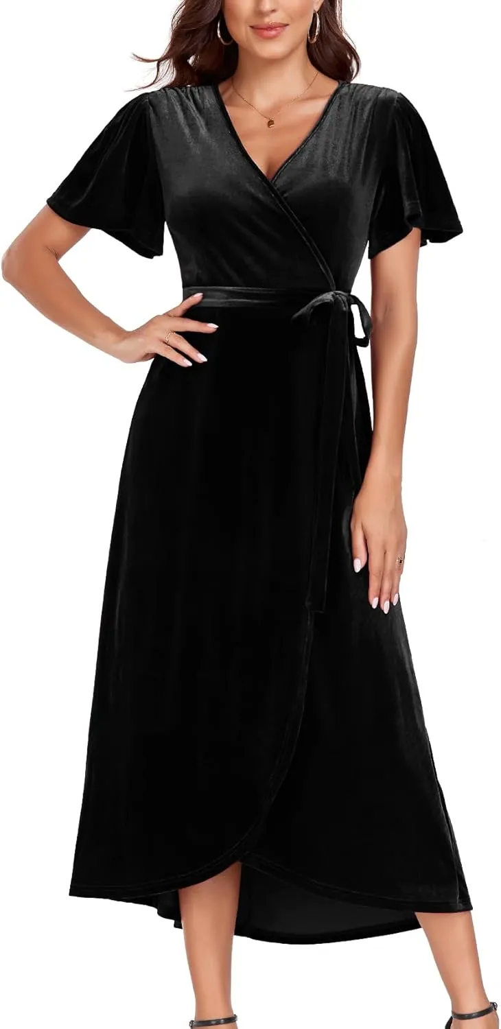 CYCLAMEN 2023 Velvet Wrap Dress V Neck Ruffle Sleeves Long Maxi Elegant Party Wedding Guest Cocktail Dress