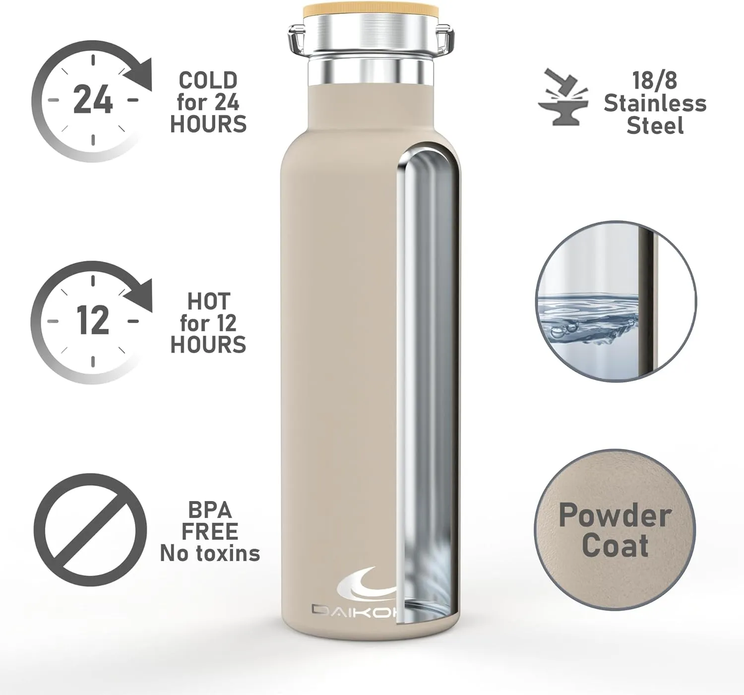 Daikoku Stainless Steel Water Bottle – 1L – Thermal Bottle – Cold 24 Hours and Hot Drinks 12 Hours – Water Bottle Leakproof – Double Walled BPA Free – Thermal Bottle – Beige