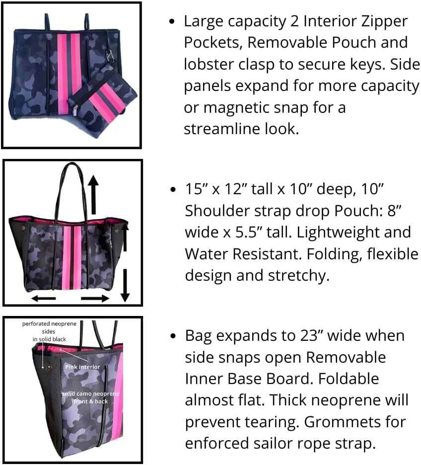 Dallas Hill Designs Large Tote Bag for Women | Neoprene Shoulder Purse | Travel, Beach, Gym Handbag | Extra Pouch