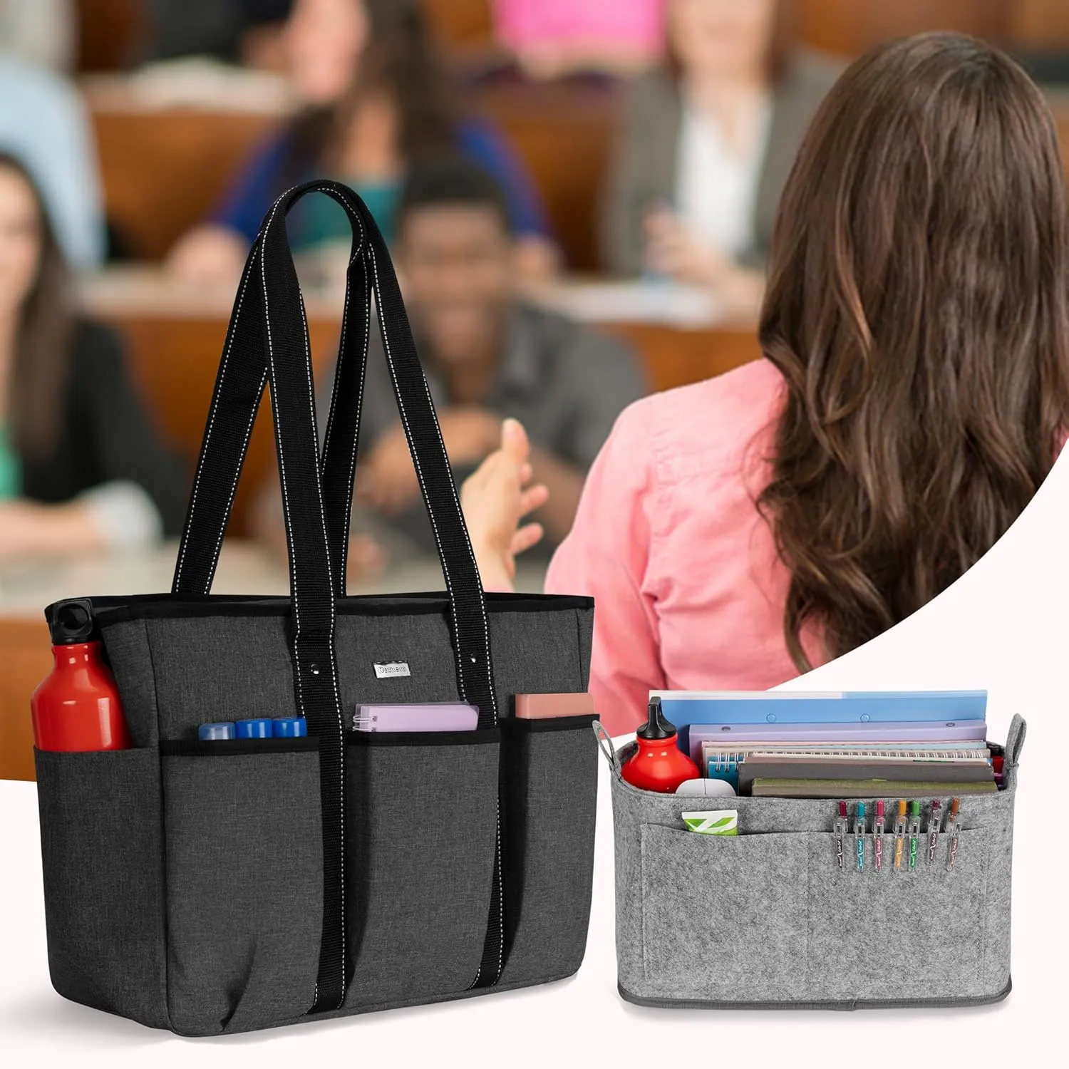 Damero Teacher Tote with Felt Insert Bag, Large Work Bag with 15.6 inch Laptop Compartment, Teacher Utility Tote for Office, Business, Travel, Black