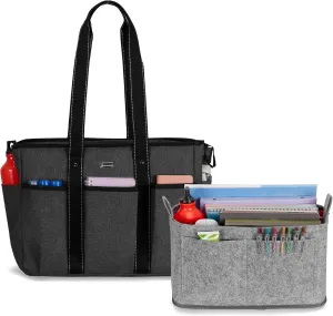 Damero Teacher Tote with Felt Insert Bag, Large Work Bag with 15.6 inch Laptop Compartment, Teacher Utility Tote for Office, Business, Travel, Black