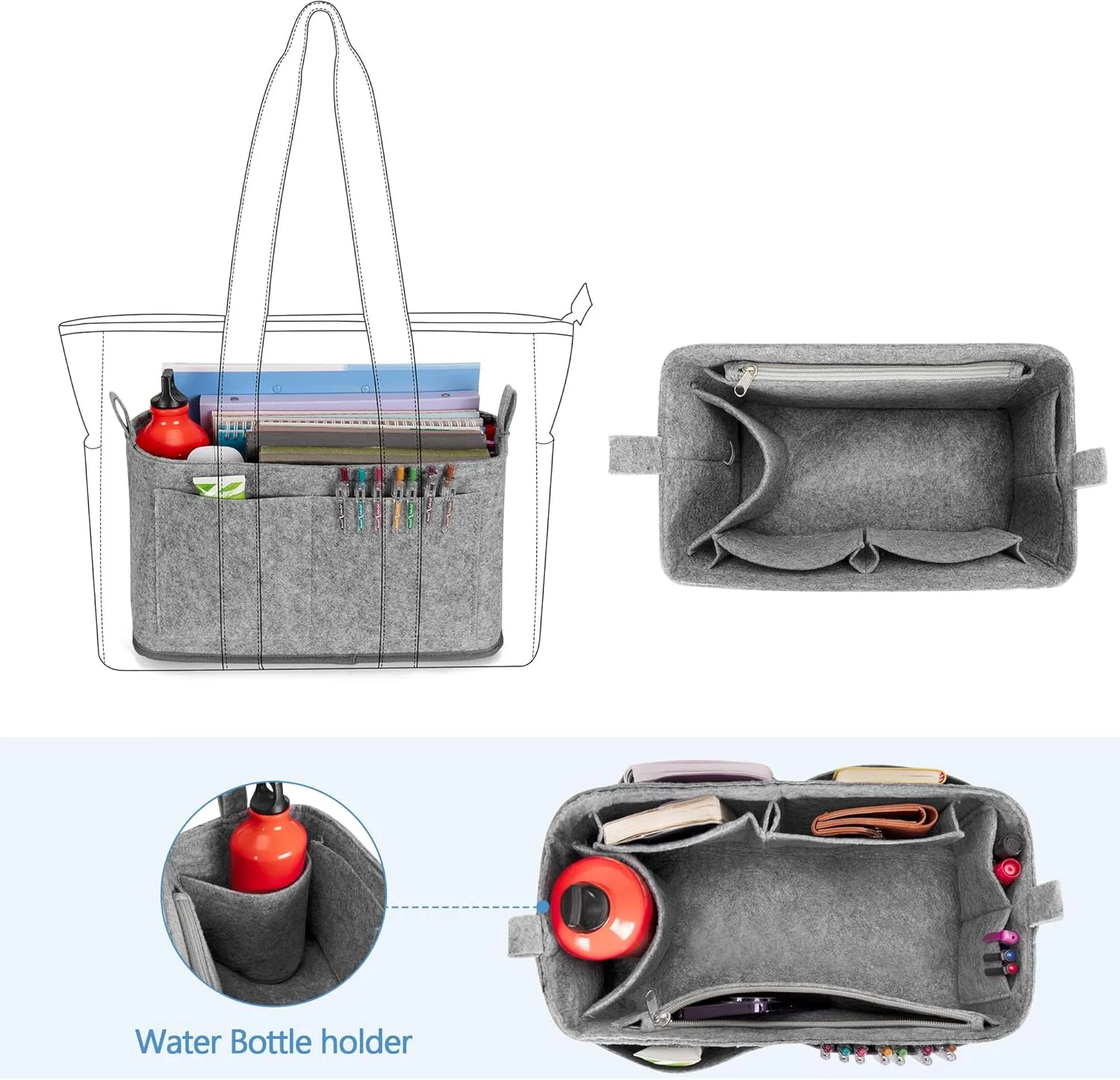Damero Teacher Tote with Felt Insert Bag, Large Work Bag with 15.6 inch Laptop Compartment, Teacher Utility Tote for Office, Business, Travel, Black