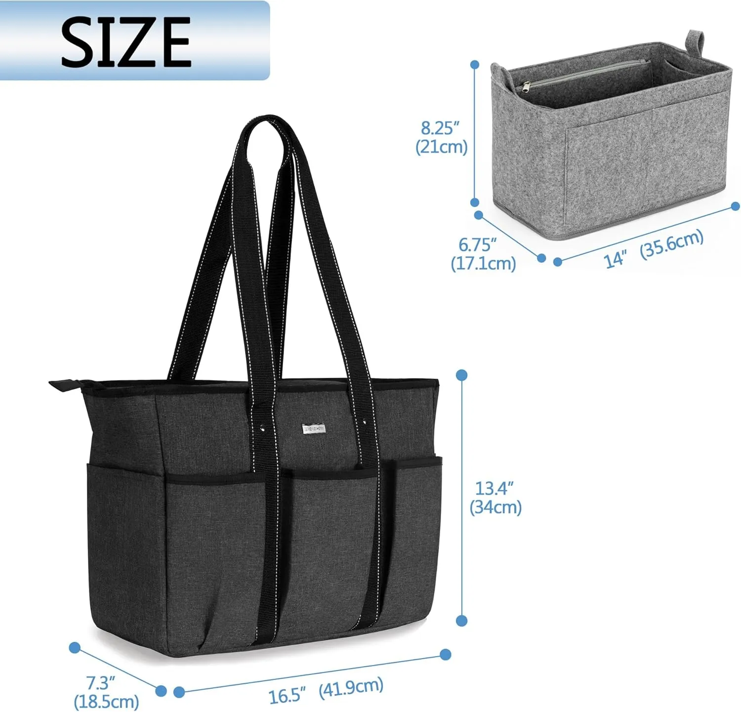 Damero Teacher Tote with Felt Insert Bag, Large Work Bag with 15.6 inch Laptop Compartment, Teacher Utility Tote for Office, Business, Travel, Black