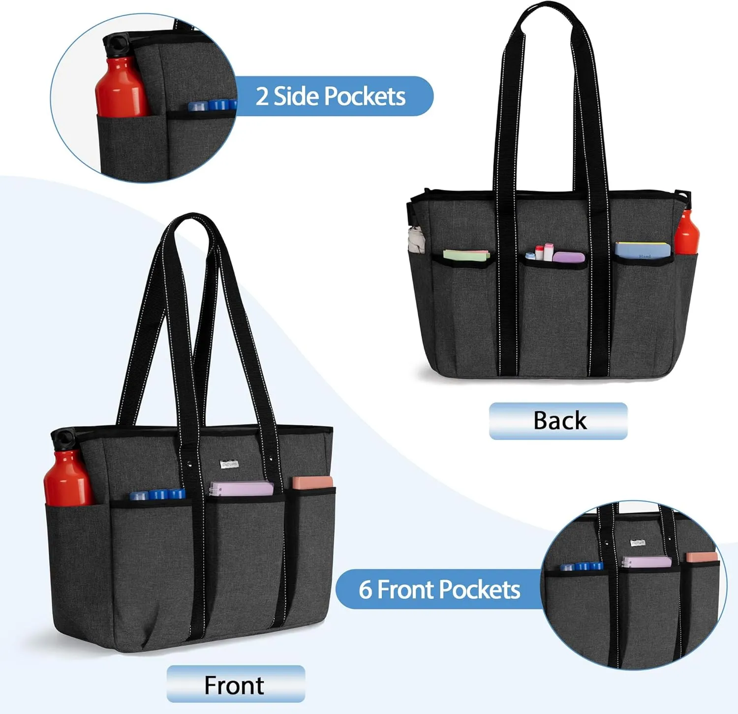 Damero Teacher Tote with Felt Insert Bag, Large Work Bag with 15.6 inch Laptop Compartment, Teacher Utility Tote for Office, Business, Travel, Black