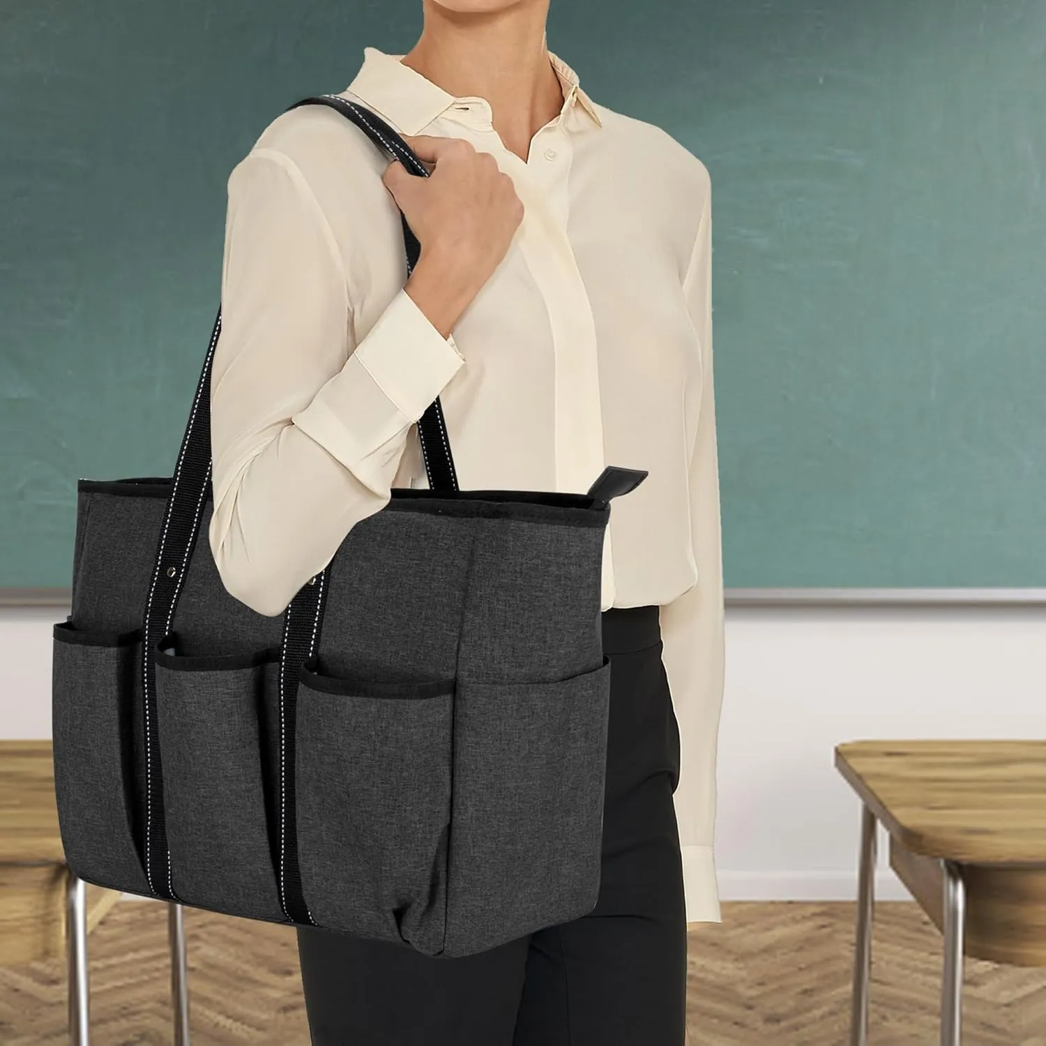 Damero Teacher Tote with Felt Insert Bag, Large Work Bag with 15.6 inch Laptop Compartment, Teacher Utility Tote for Office, Business, Travel, Black