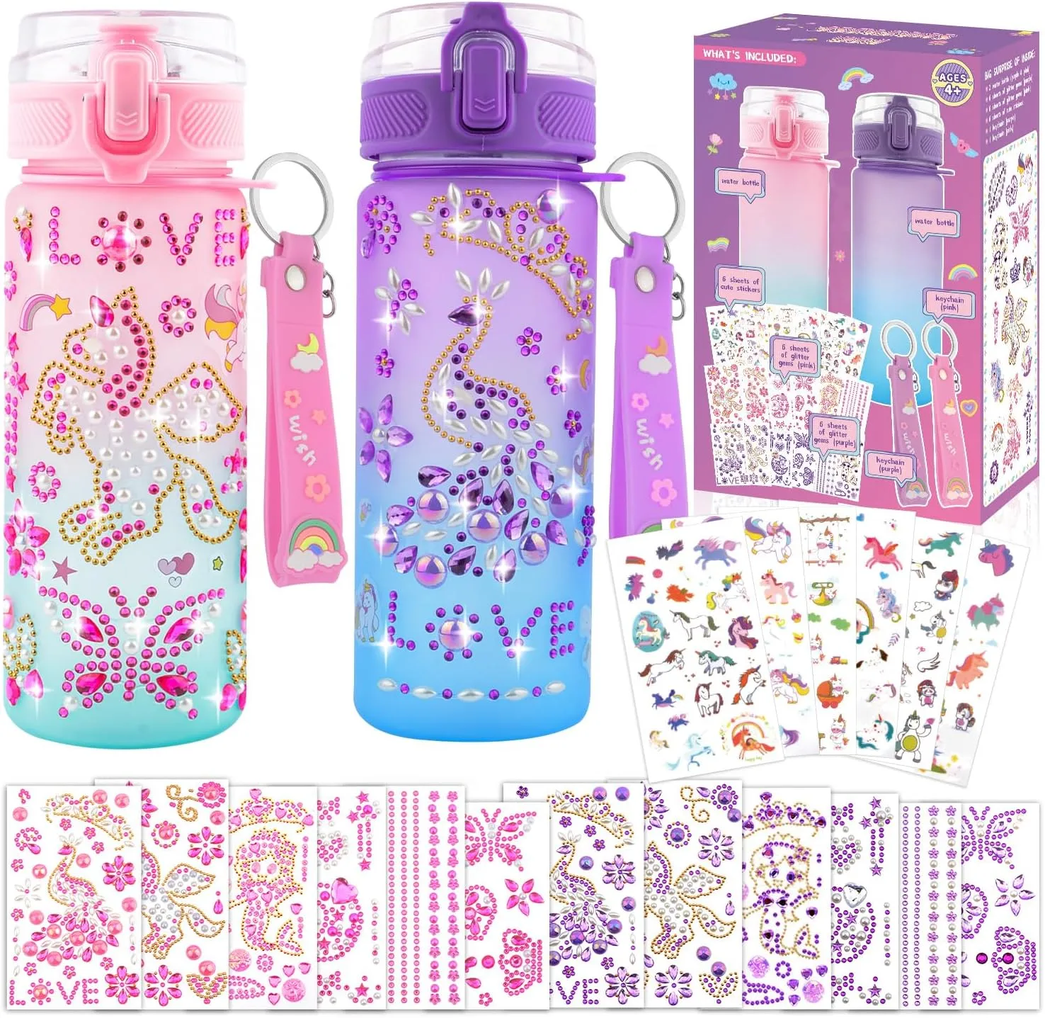 Decorate Your Own Water Bottle Kits Gifts for Girls Ages 4-6-8, DIY Mermaid Unicorn Water Bottle, Fun Kids Arts & Crafts Sticker Toys - 4 5 6 7 8 Year Old Girls Birthday Easter Gifts, 2-Pack