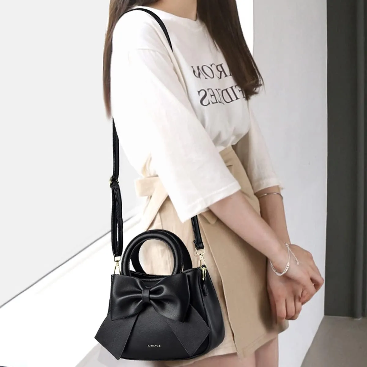Designer Small Handbags for Women with Top Carry Handle and Cute Bow Knot,Leather Purses and Over-Shoulder Strap