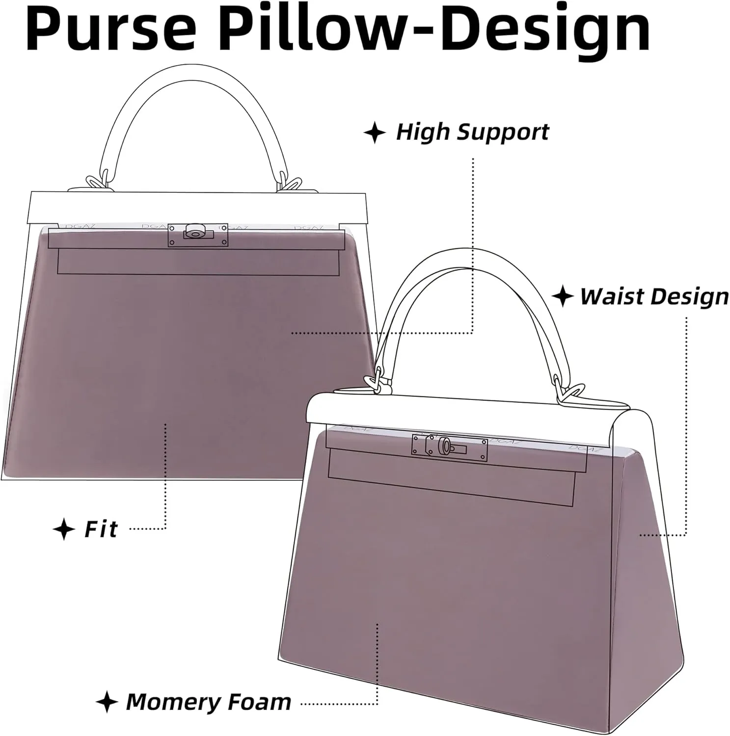 DGAZ Purse Pillow Insert for Luxury Handbags, Memory Foam, Silky Pillow Shaper for Kelly 25/28/32/35 Bags（Konjac purple, KL32）