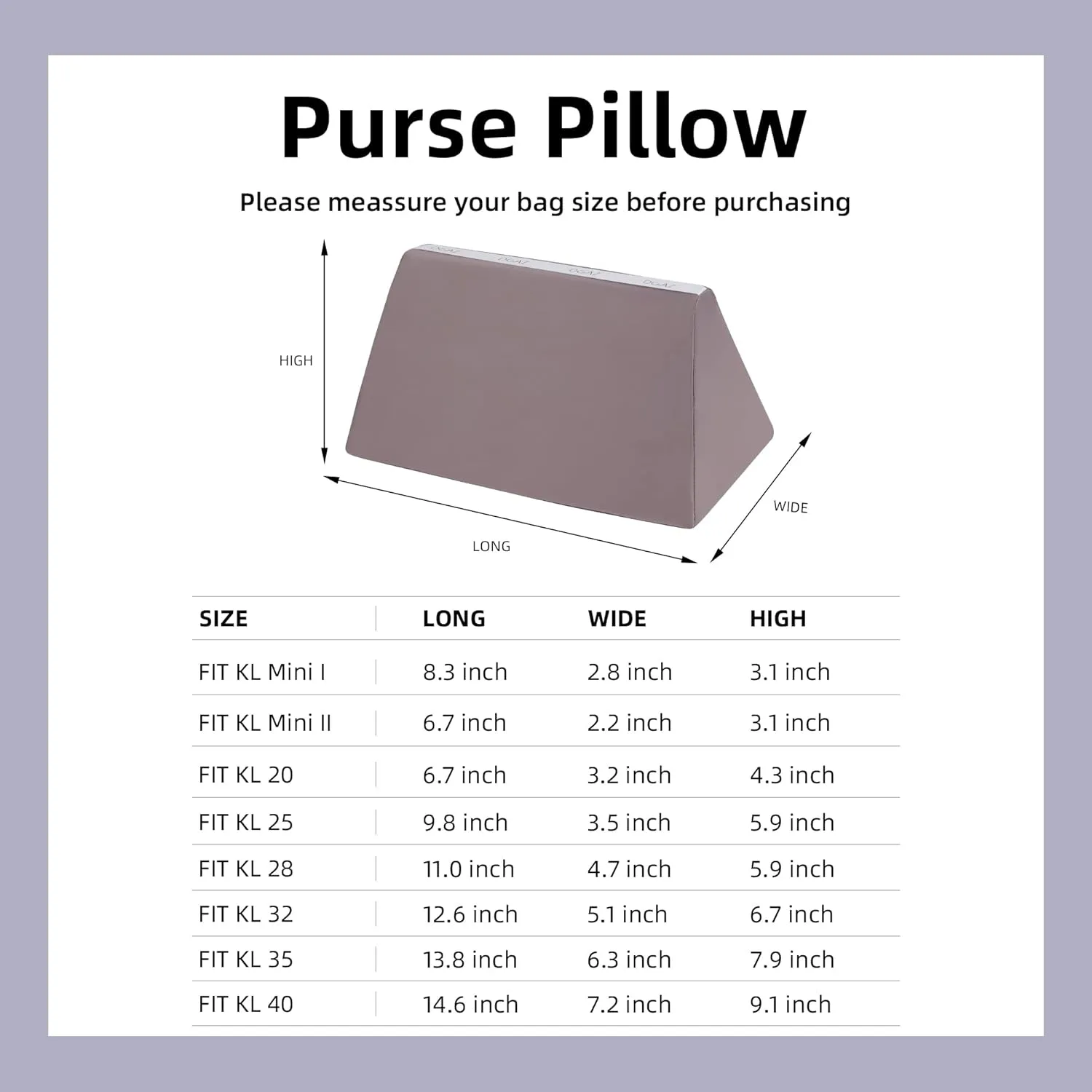 DGAZ Purse Pillow Insert for Luxury Handbags, Memory Foam, Silky Pillow Shaper for Kelly 25/28/32/35 Bags（Konjac purple, KL32）