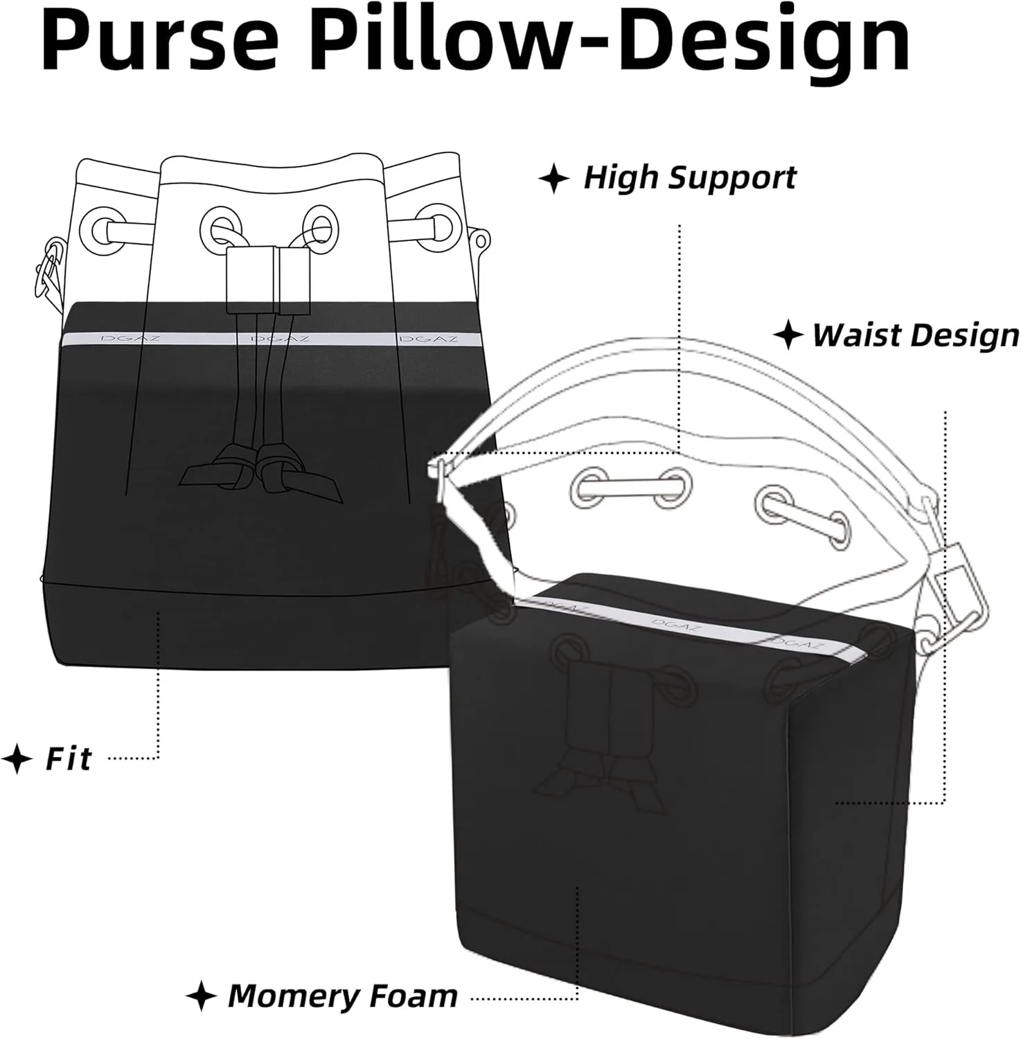 DGAZ Purse Pillow Insert for LV Nano Noe bags, Memory Foam, Silky Pillow Shaper for Luxury Handbags(Black,Noe BB)