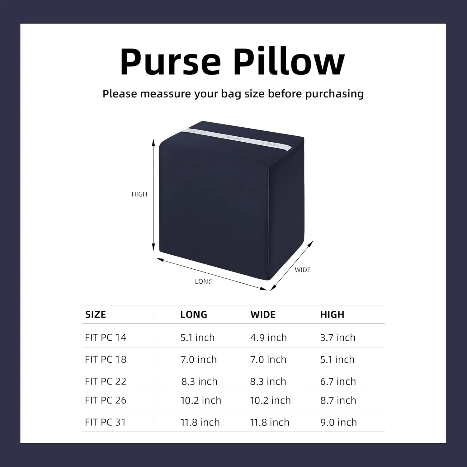 DGAZ Purse Pillow Shaper Insert,Luxury Handbag Tote Shapers, Memory Foam- Fits picotin14/18/22/26/31Bags(Blue nuit,PC18)