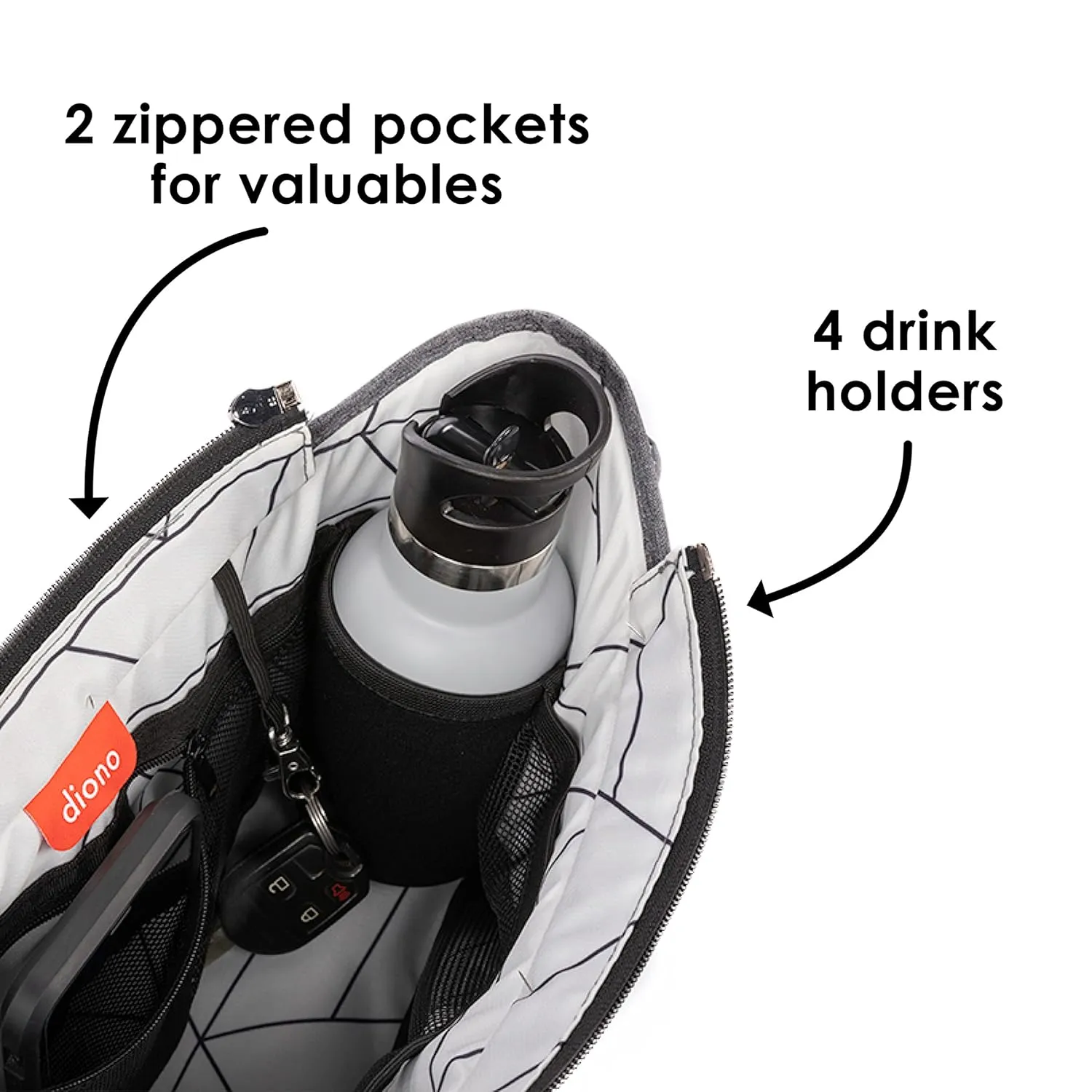 Diono Buggy Buddy XL Universal Stroller Organizer with Cup Holders, Secure Attachment, Zippered Pockets, Safe & Secure, Gray