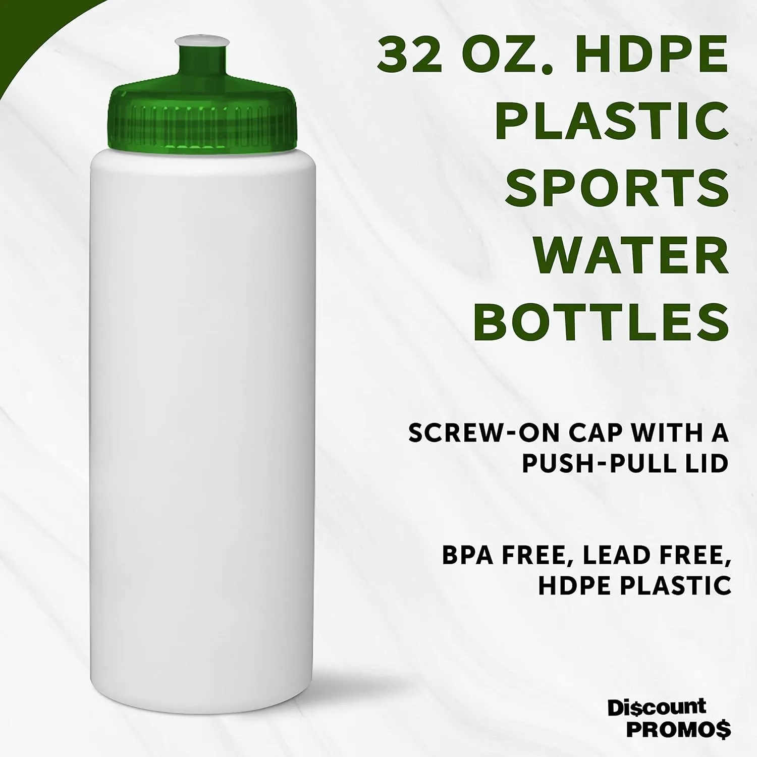 DISCOUNT PROMOS HDPE Plastic Leak-Free Bottles 32 oz. Set of 10, Bulk Pack - BPA Free, Great for Gym, Camping, Backpacking, School - Trans Green
