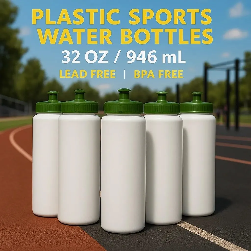 DISCOUNT PROMOS HDPE Plastic Leak-Free Bottles 32 oz. Set of 10, Bulk Pack - BPA Free, Great for Gym, Camping, Backpacking, School - Trans Green
