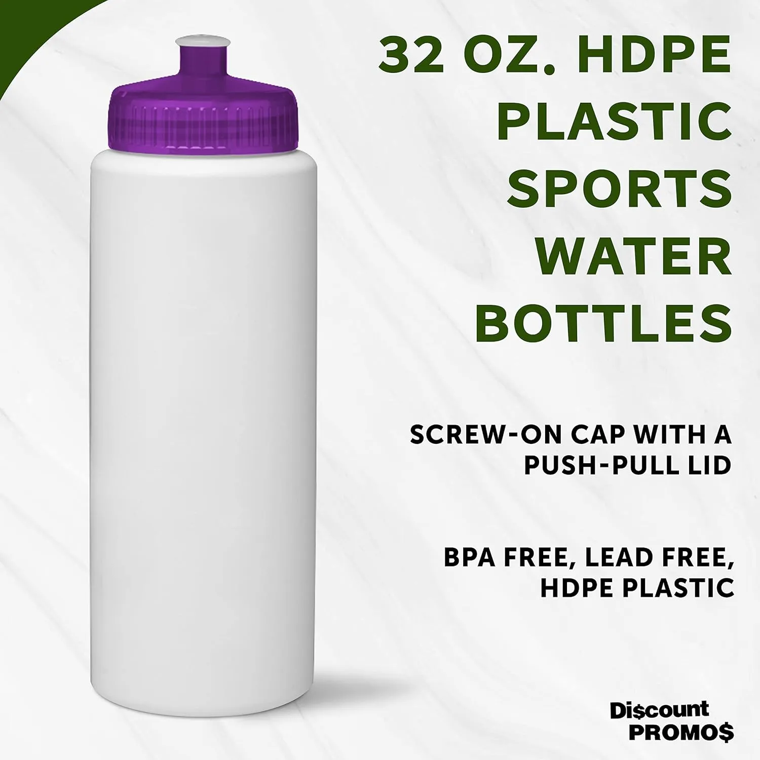 DISCOUNT PROMOS HDPE Plastic Leak-Free Bottles 32 oz. Set of 10, Bulk Pack - BPA Free, Great for Gym, Camping, Backpacking, School - Trans Purple