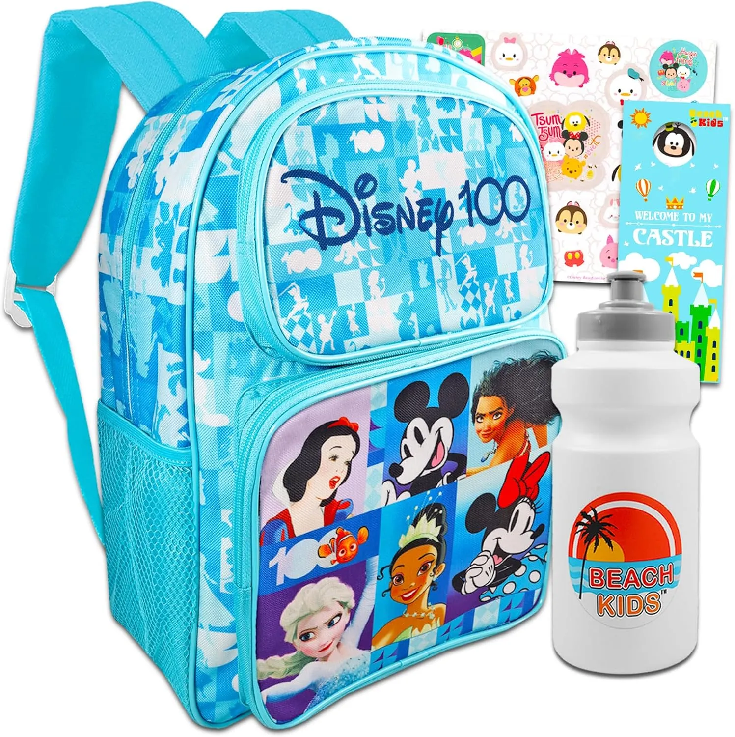 Disney 100 Backpack Set - 16" Bag Featuring Moana, Mickey, Minnie, Frozen, Tiana, Snow White Plus Water Bottle, Stickers, More School Supplies Bundle