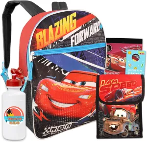 Disney Cars Backpack Bundle with 15" Cars School Bag Lunch Box, and More